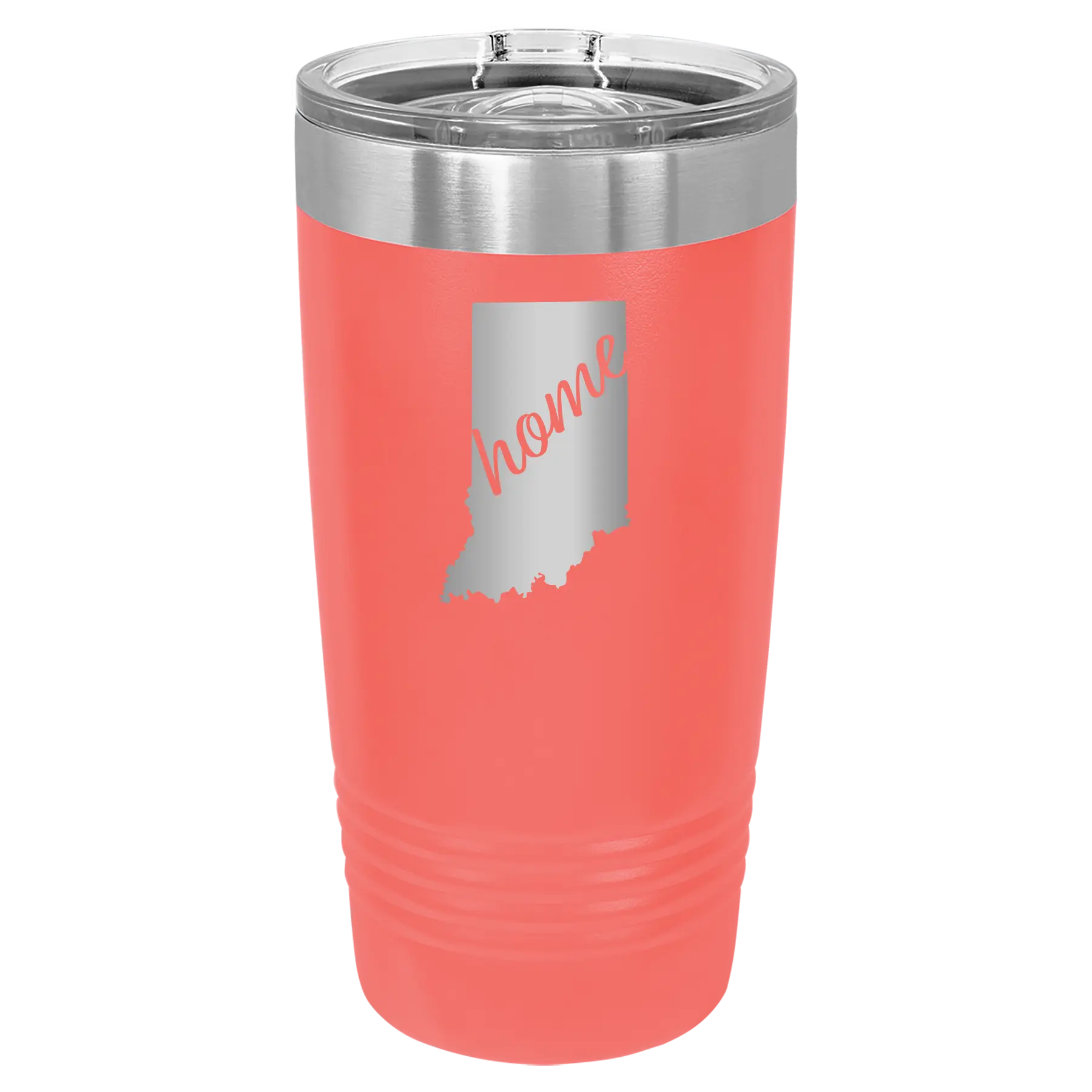 Laser etched coral 20 oz vacuum insulated tumbler with 'Indiana Home' design