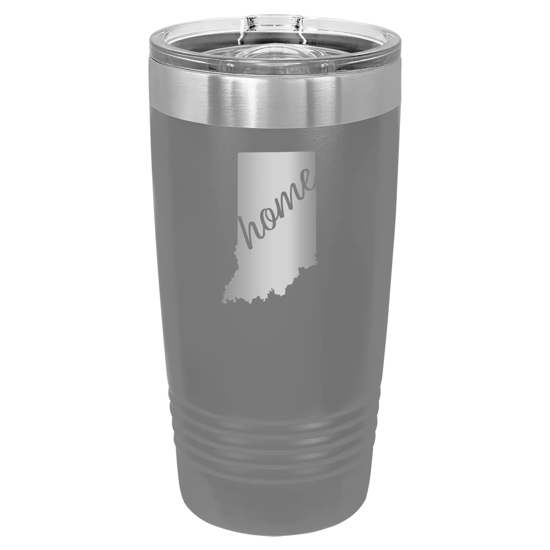 Laser etched dark gray 20 oz vacuum insulated tumbler with 'Indiana Home' design