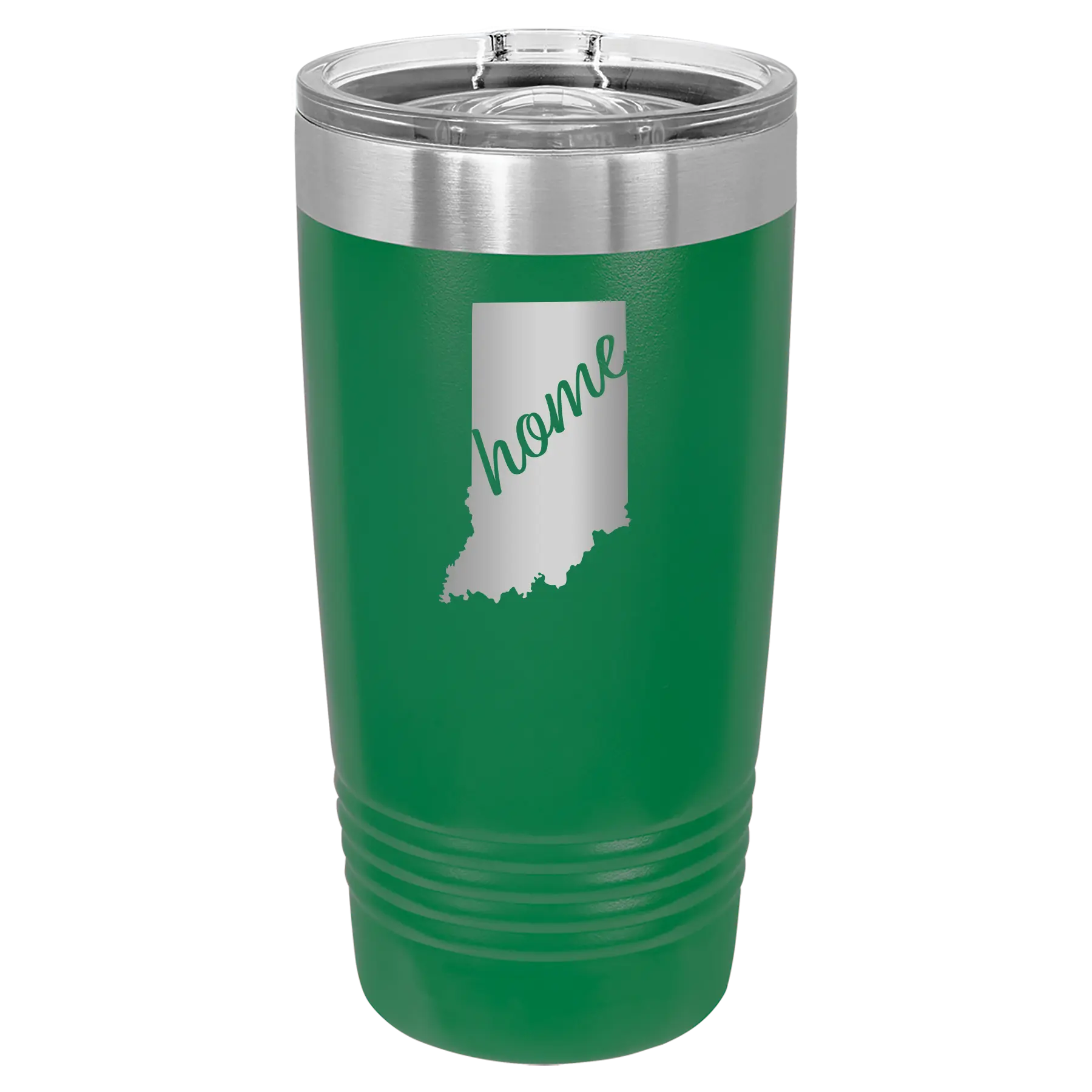 Laser etched green 20 oz vacuum insulated tumbler with 'Indiana Home' design