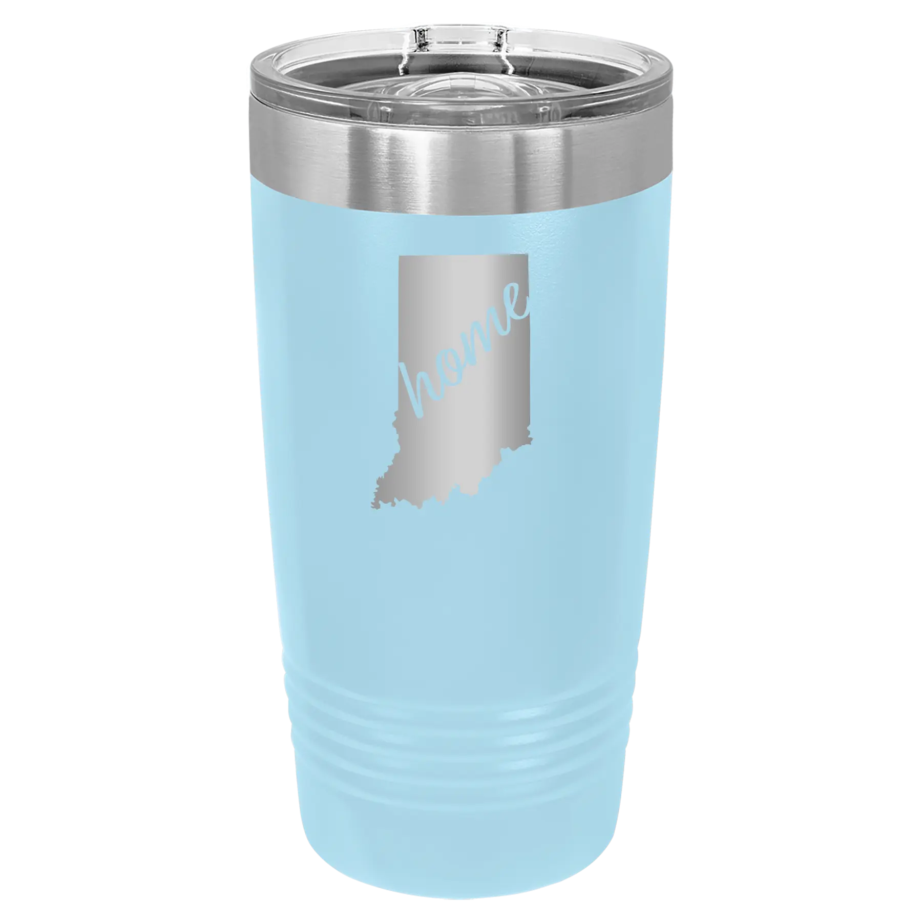 Laser etched light blue 20 oz vacuum insulated tumbler with 'Indiana Home' design