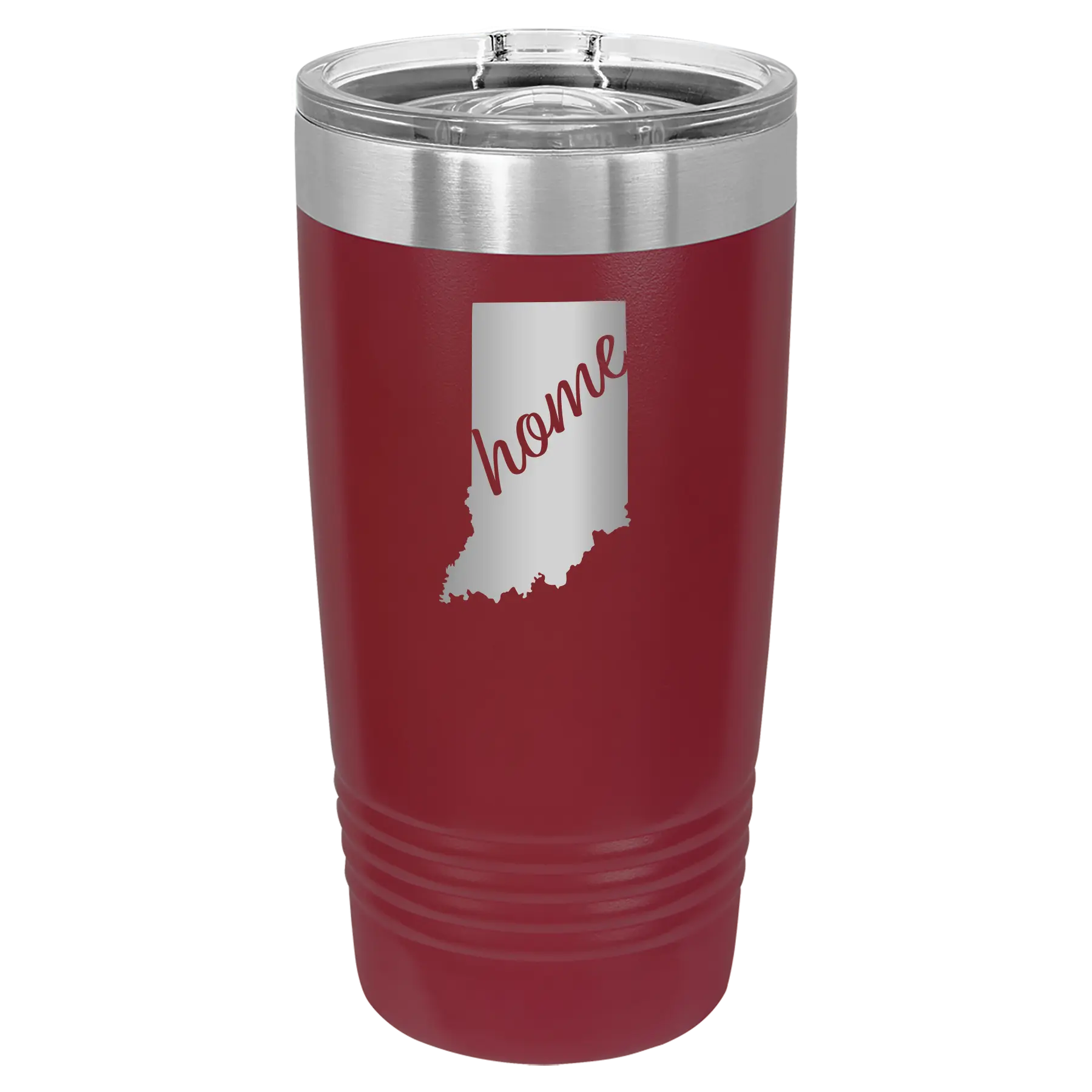 Laser etched maroon 20 oz vacuum insulated tumbler with 'Indiana Home' design