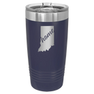 Laser etched navy 20 oz vacuum insulated tumbler with 'Indiana Home' design