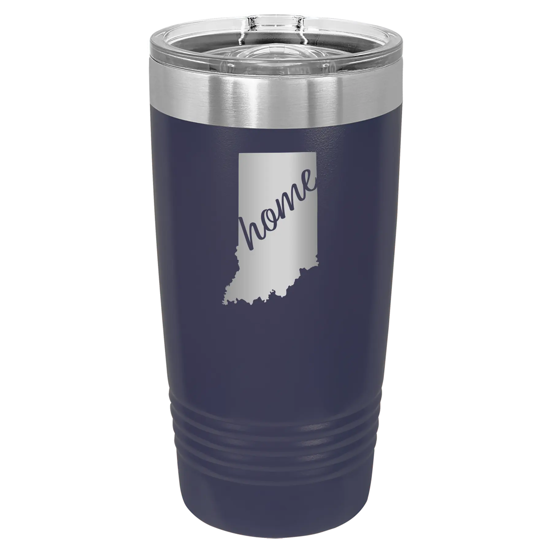 Laser etched navy 20 oz vacuum insulated tumbler with 'Indiana Home' design