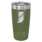 Laser etched olive green 20 oz vacuum insulated tumbler with 'Indiana Home' design