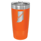Laser etched orange 20 oz vacuum insulated tumbler with 'Indiana Home' design