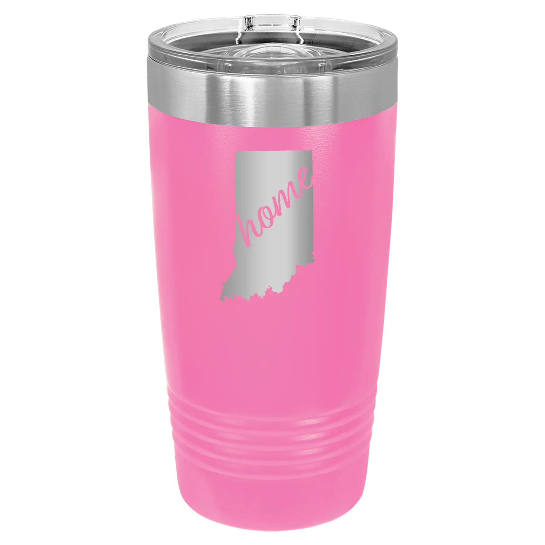 Laser etched pink 20 oz vacuum insulated tumbler with 'Indiana Home' design