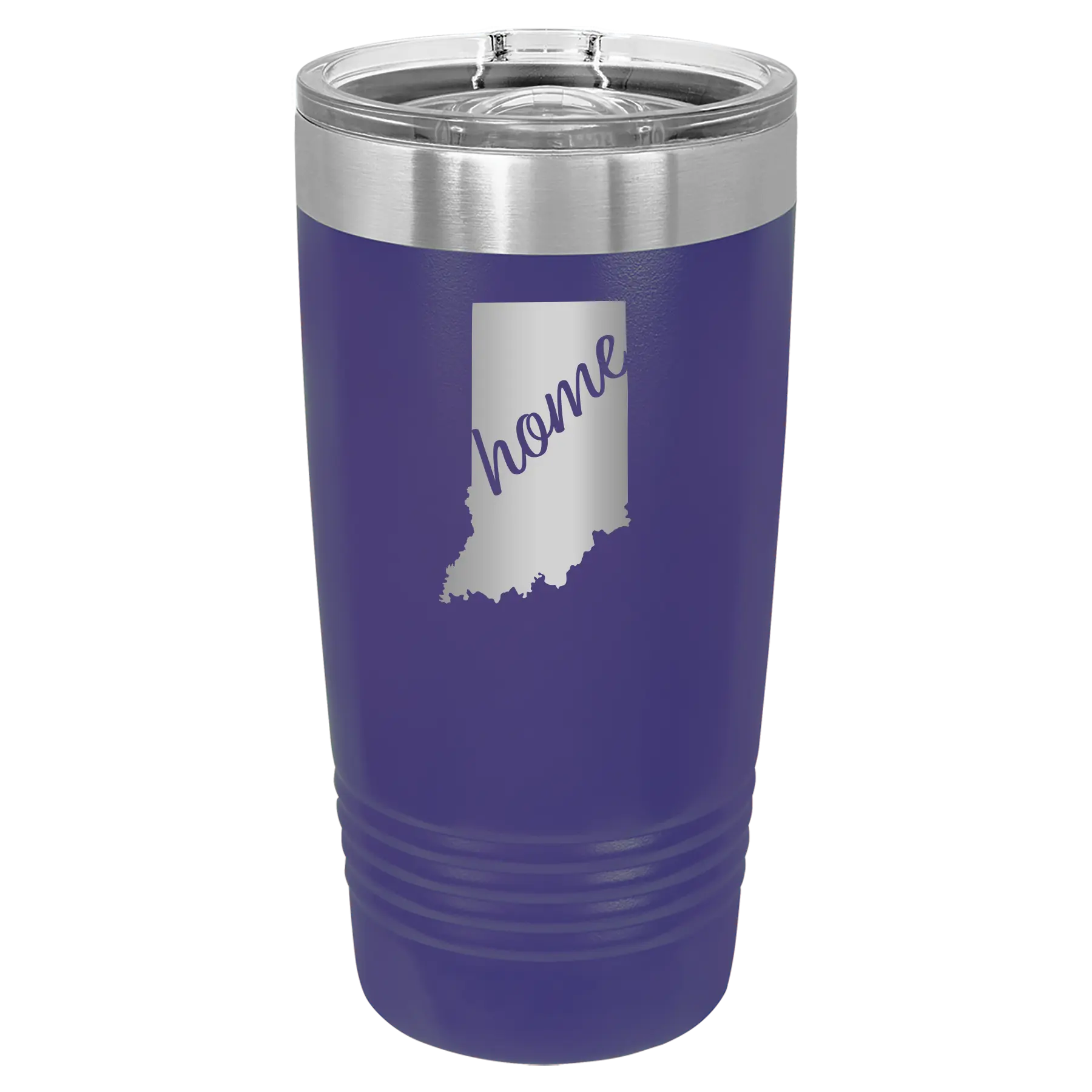 Laser etched purple 20 oz vacuum insulated tumbler with 'Indiana Home' design