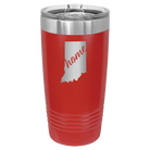 Laser etched red 20 oz vacuum insulated tumbler with 'Indiana Home' design