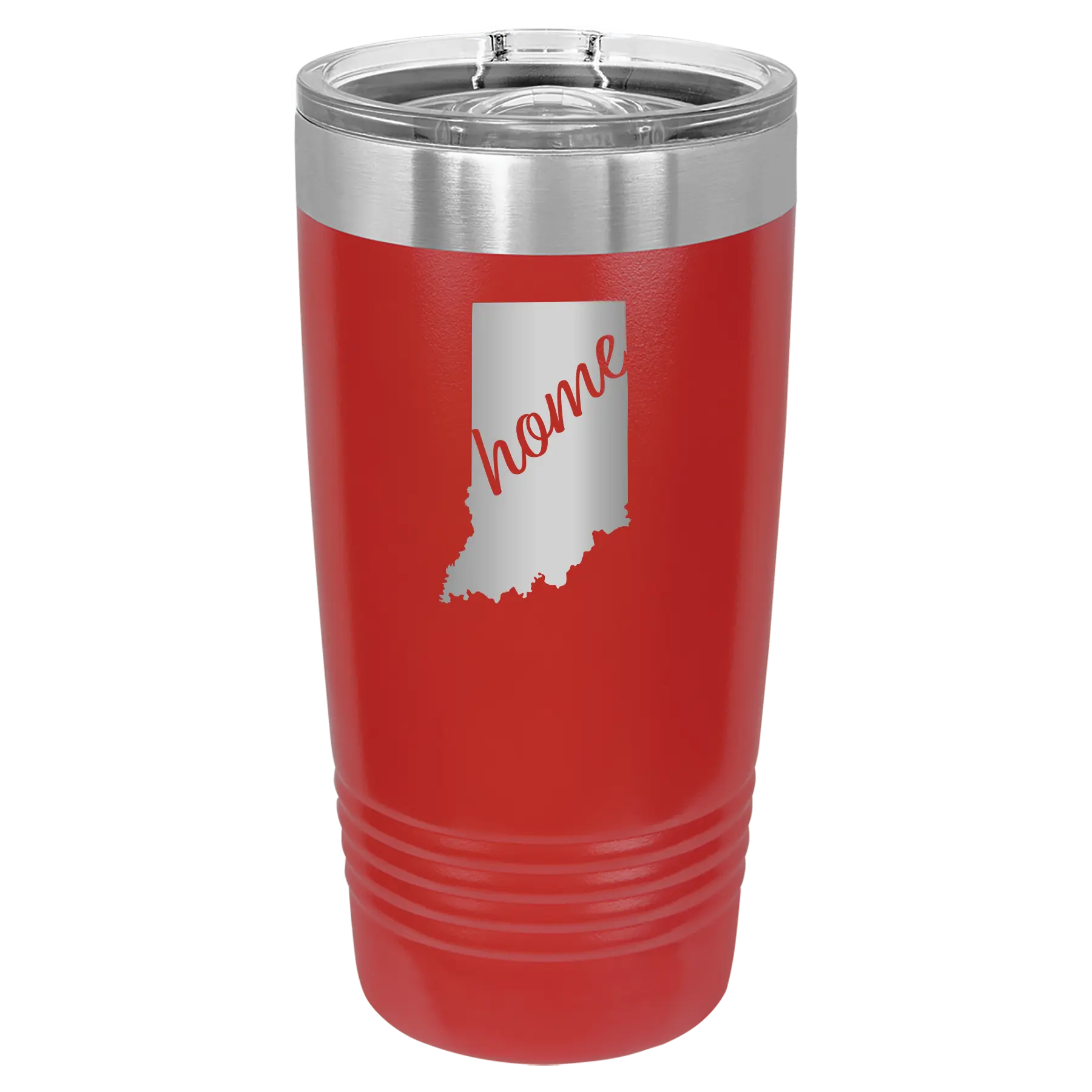 Laser etched red 20 oz vacuum insulated tumbler with 'Indiana Home' design