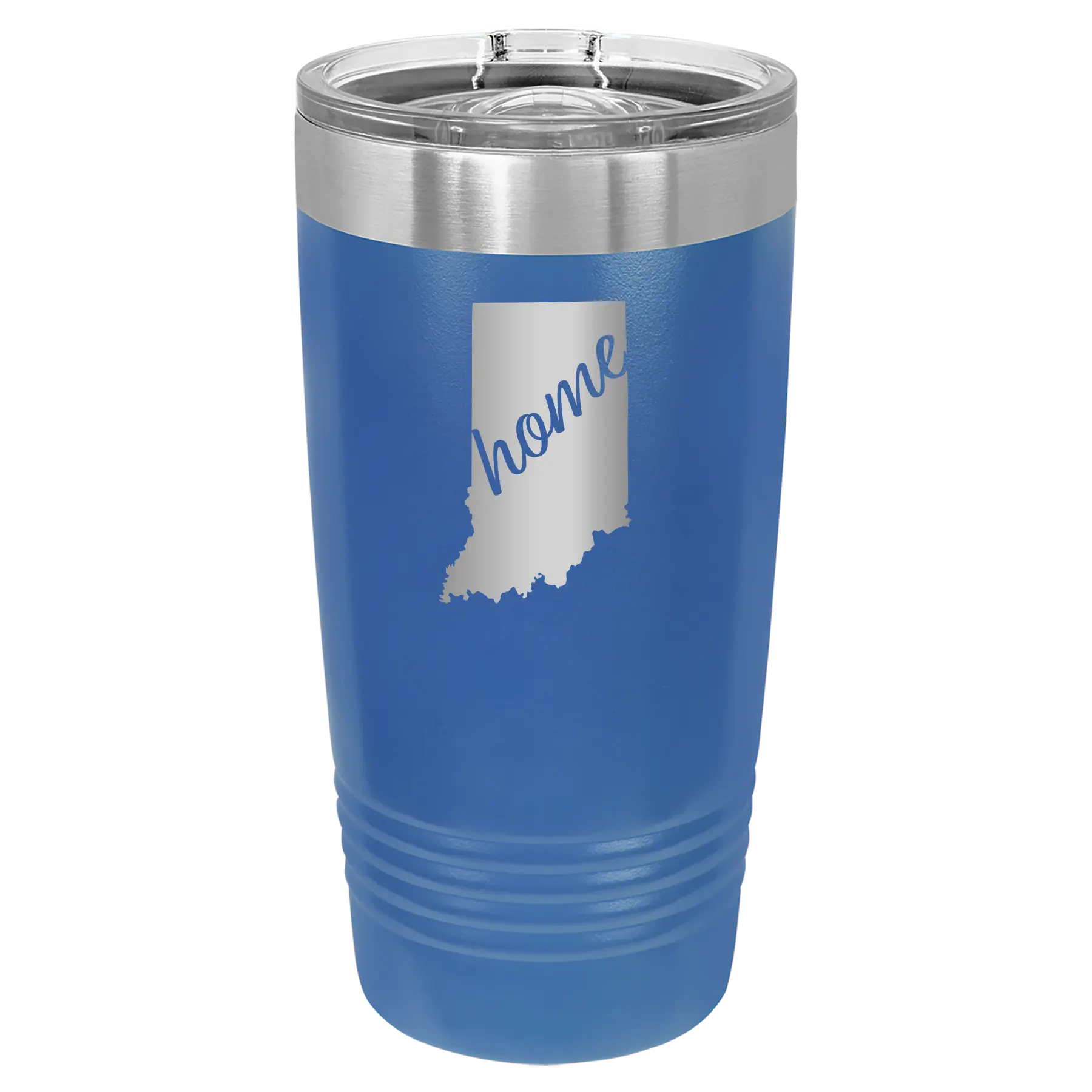 Laser etched royal blue 20 oz vacuum insulated tumbler with 'Indiana Home' design
