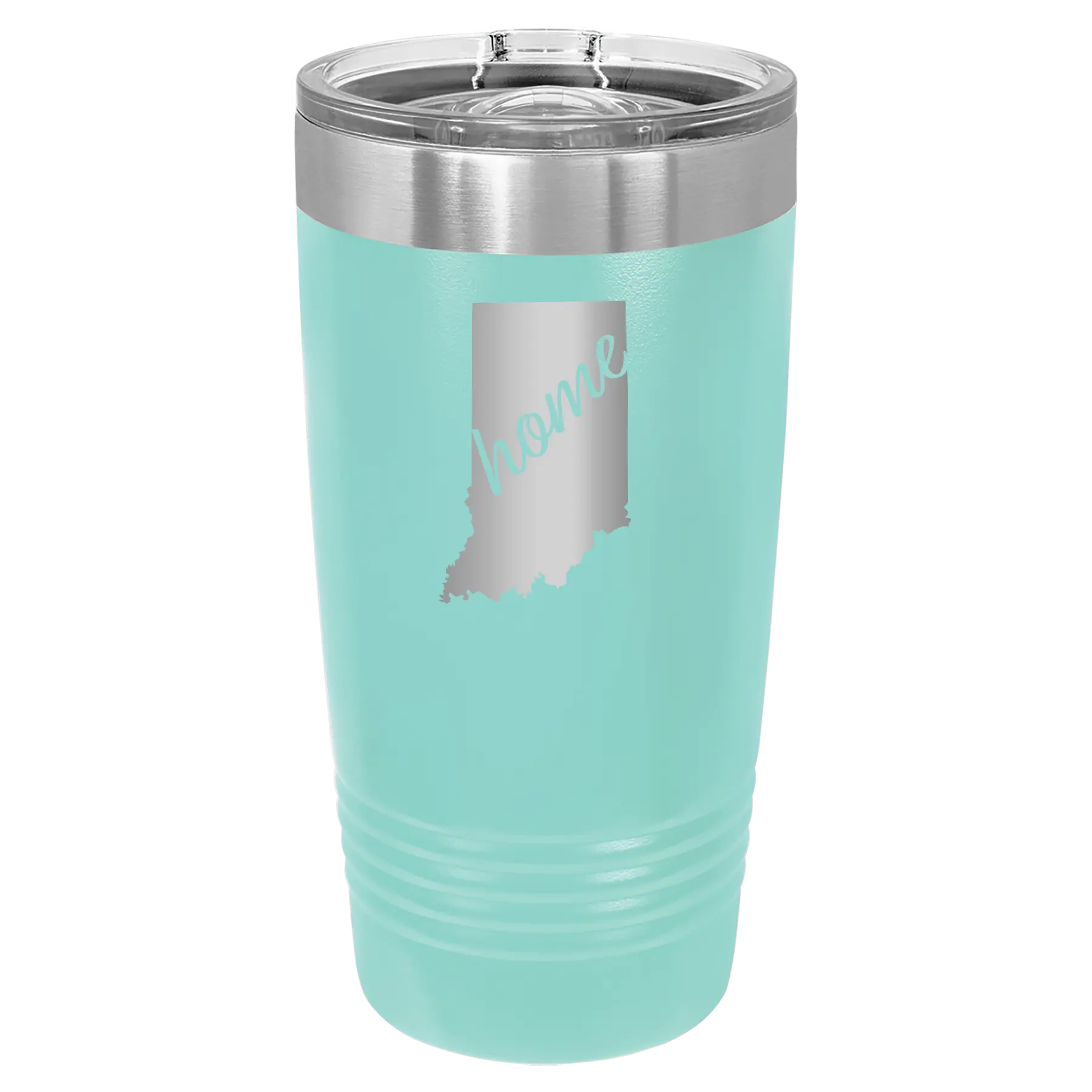 Laser etched teal 20 oz vacuum insulated tumbler with 'Indiana Home' design