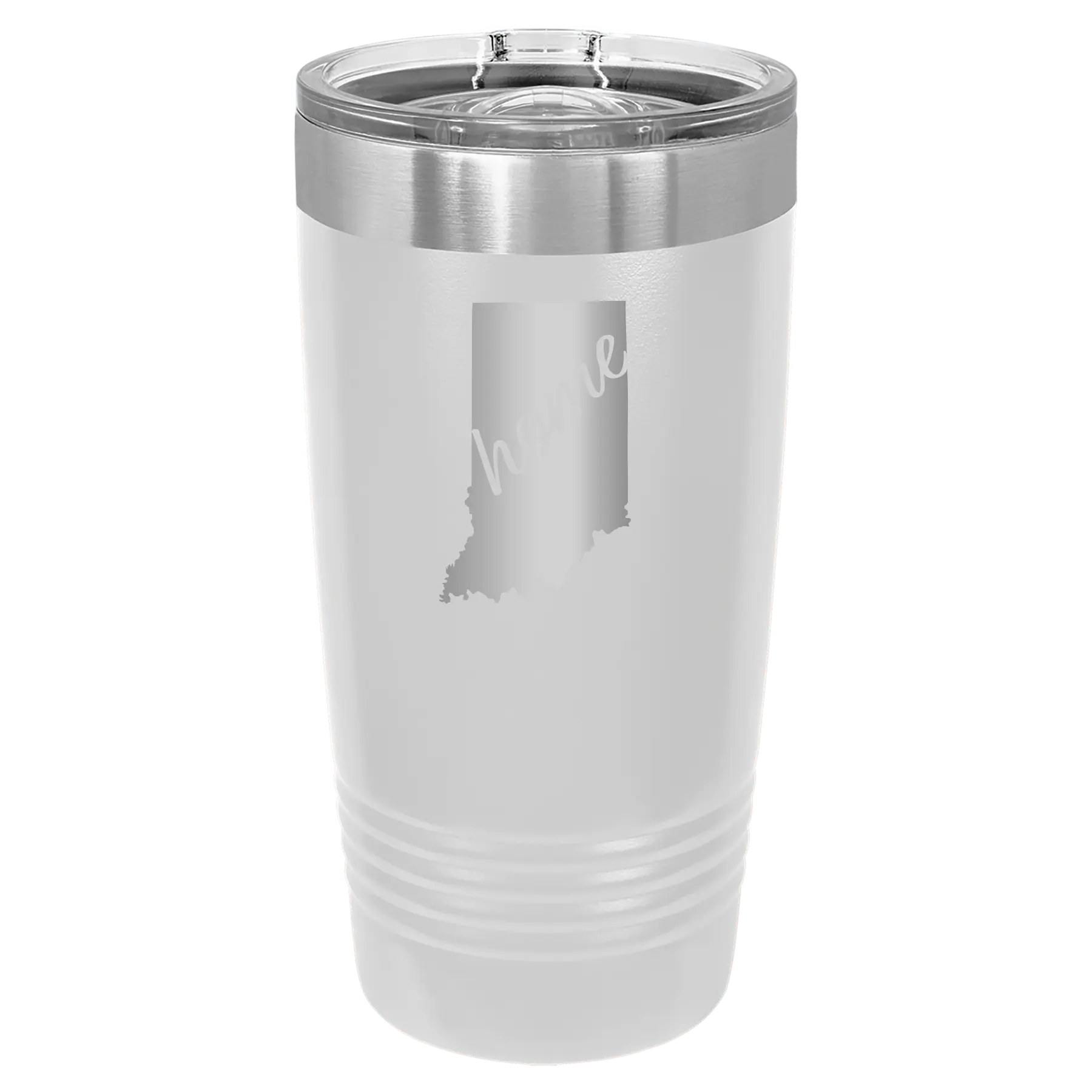 Laser etched white 20 oz vacuum insulated tumbler with 'Indiana Home' design