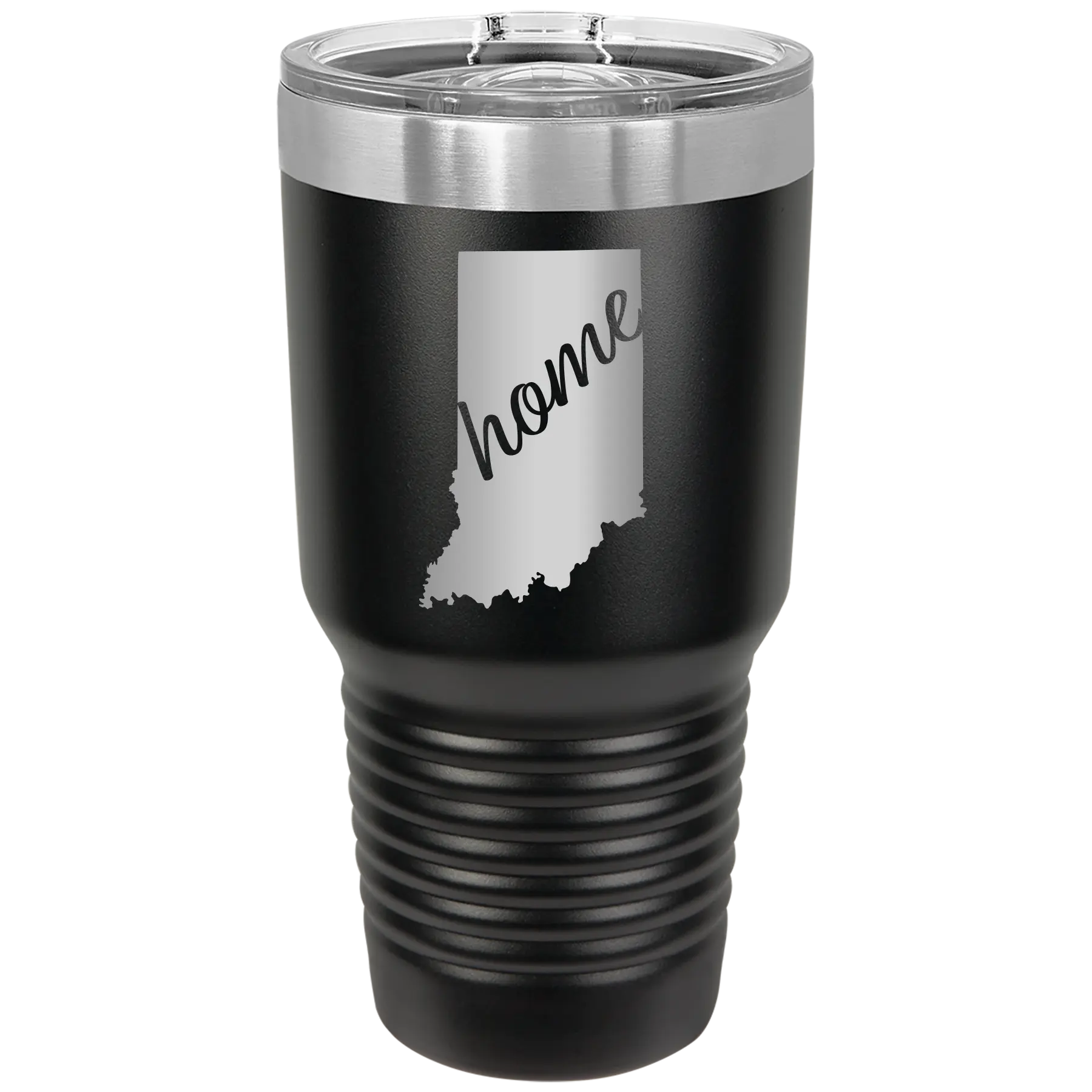 Laser etched black 30 oz vacuum insulated tumbler with 'Indiana Home' design