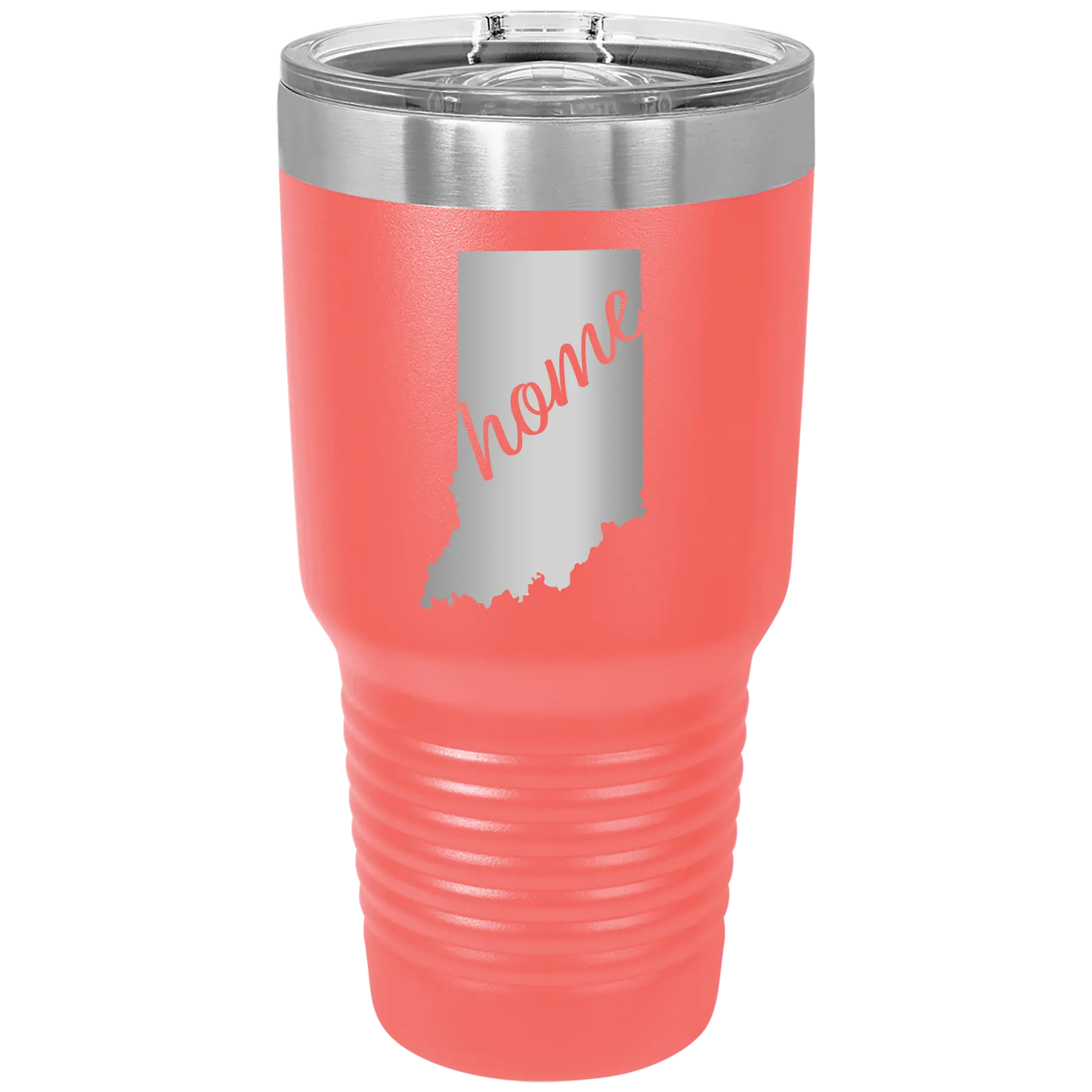 Laser etched coral 30 oz vacuum insulated tumbler with 'Indiana Home' design
