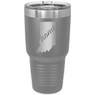 Laser etched dark gray 30 oz vacuum insulated tumbler with 'Indiana Home' design