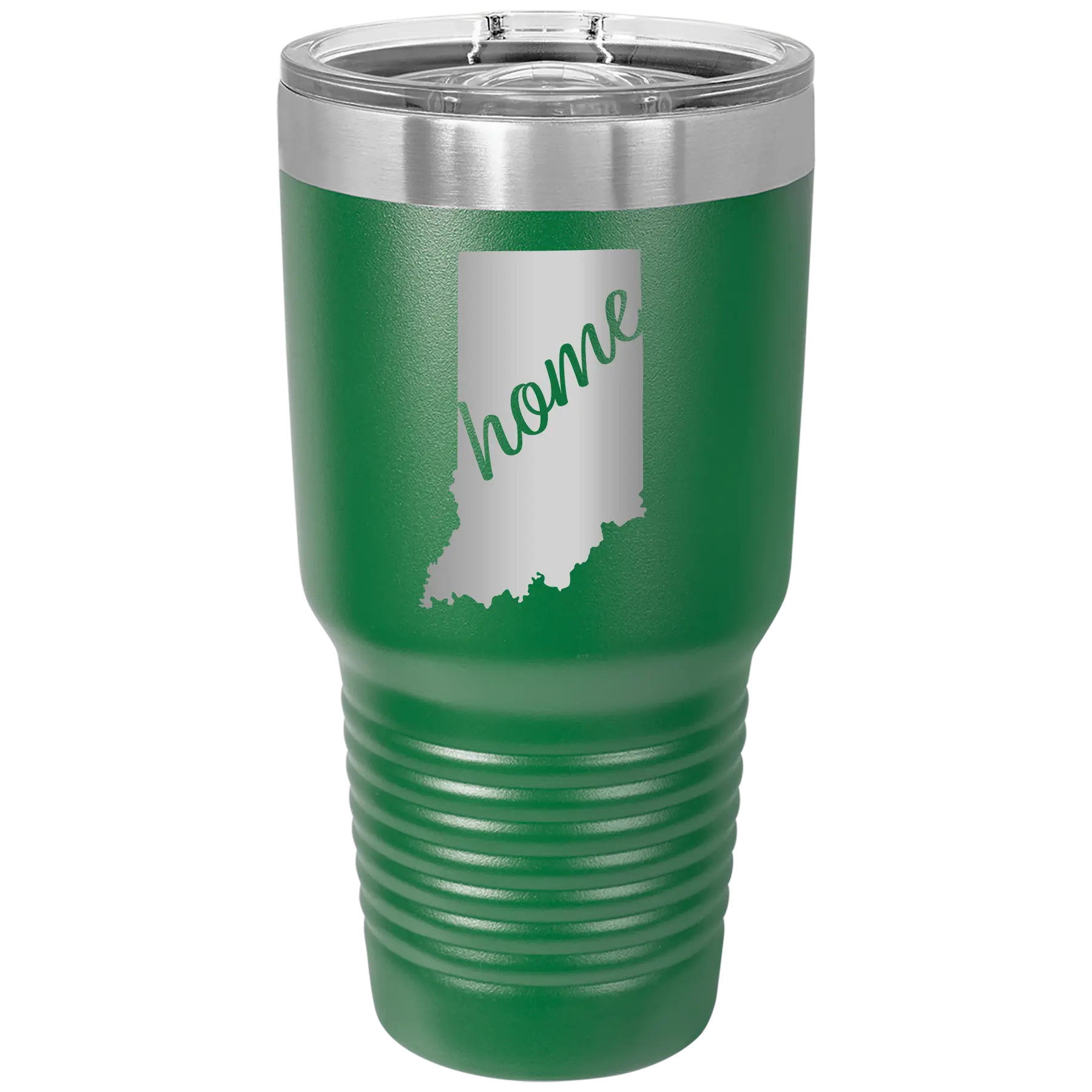 Laser etched green 30 oz vacuum insulated tumbler with 'Indiana Home' design
