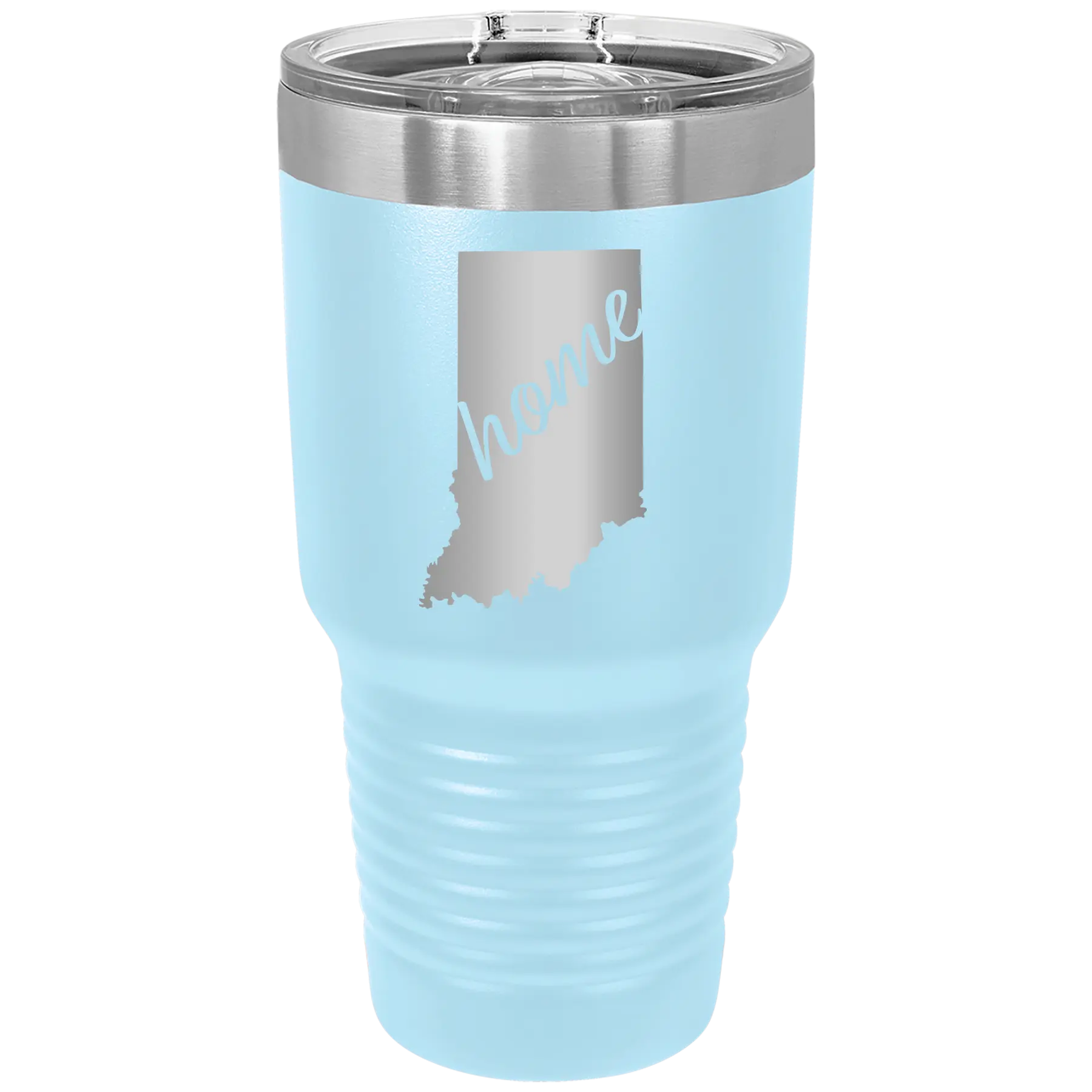 Laser etched light blue 30 oz vacuum insulated tumbler with 'Indiana Home' design