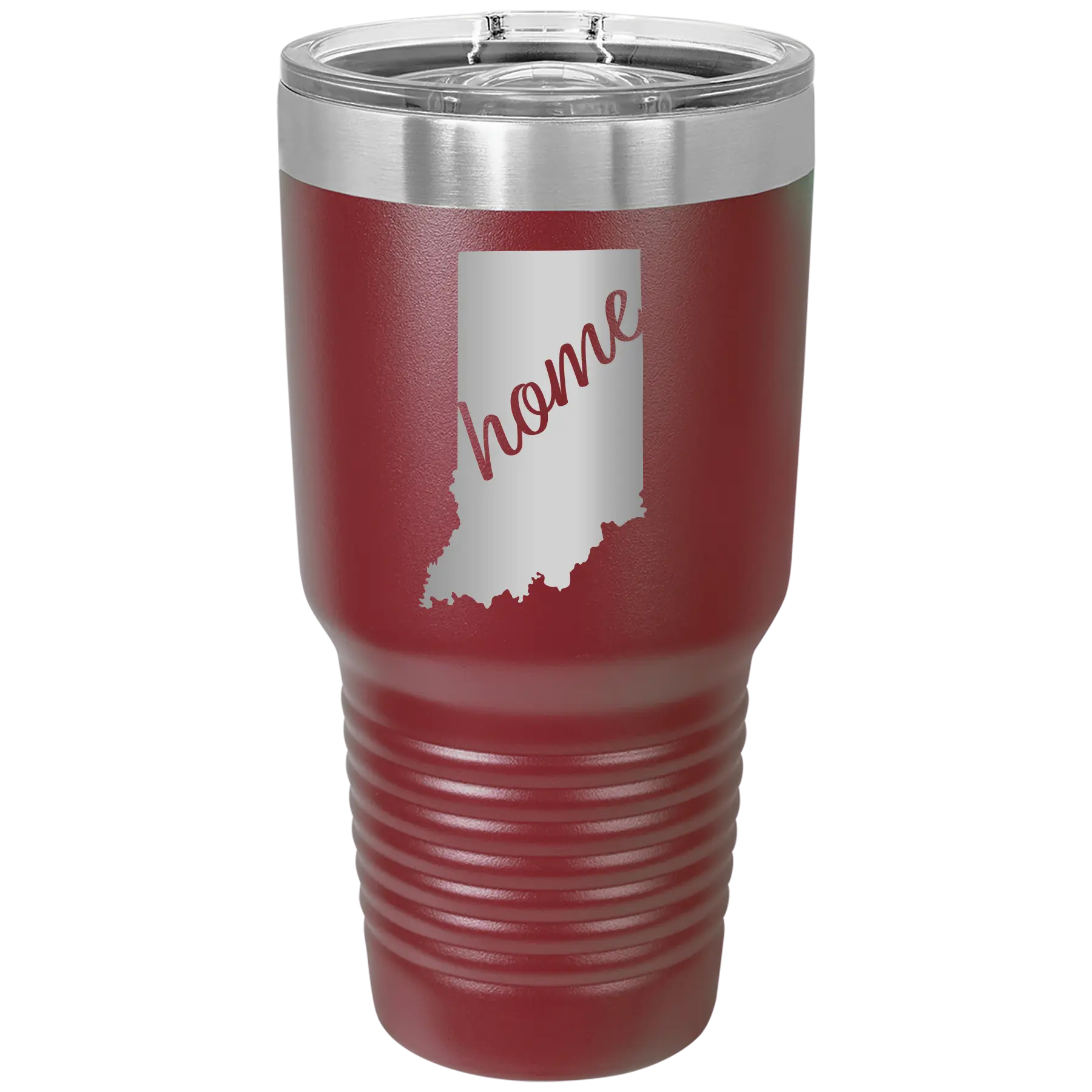 Laser etched maroon 30 oz vacuum insulated tumbler with 'Indiana Home' design