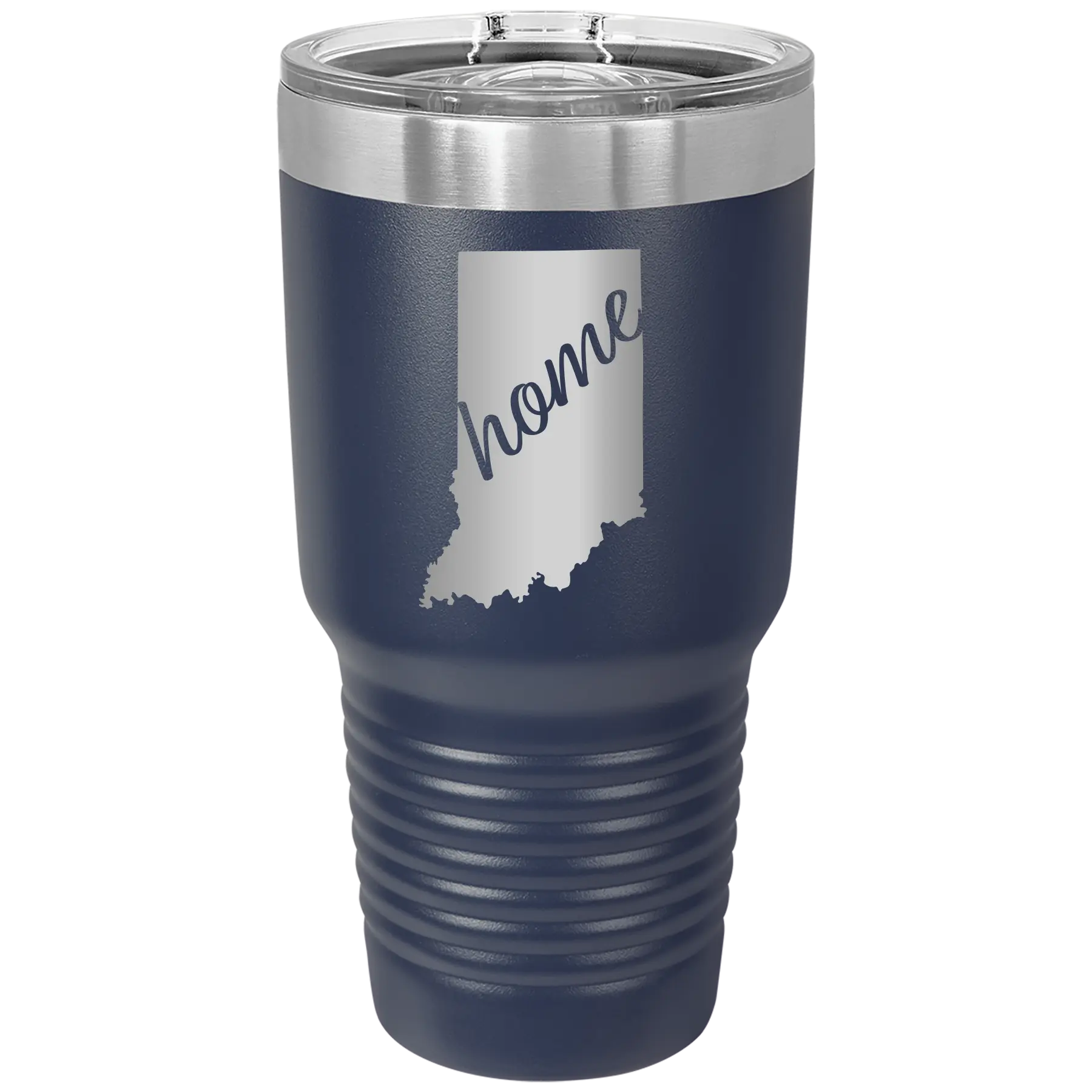Laser etched navy 30 oz vacuum insulated tumbler with 'Indiana Home' design