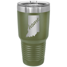 Laser etched olive green 30 oz vacuum insulated tumbler with 'Indiana Home' design