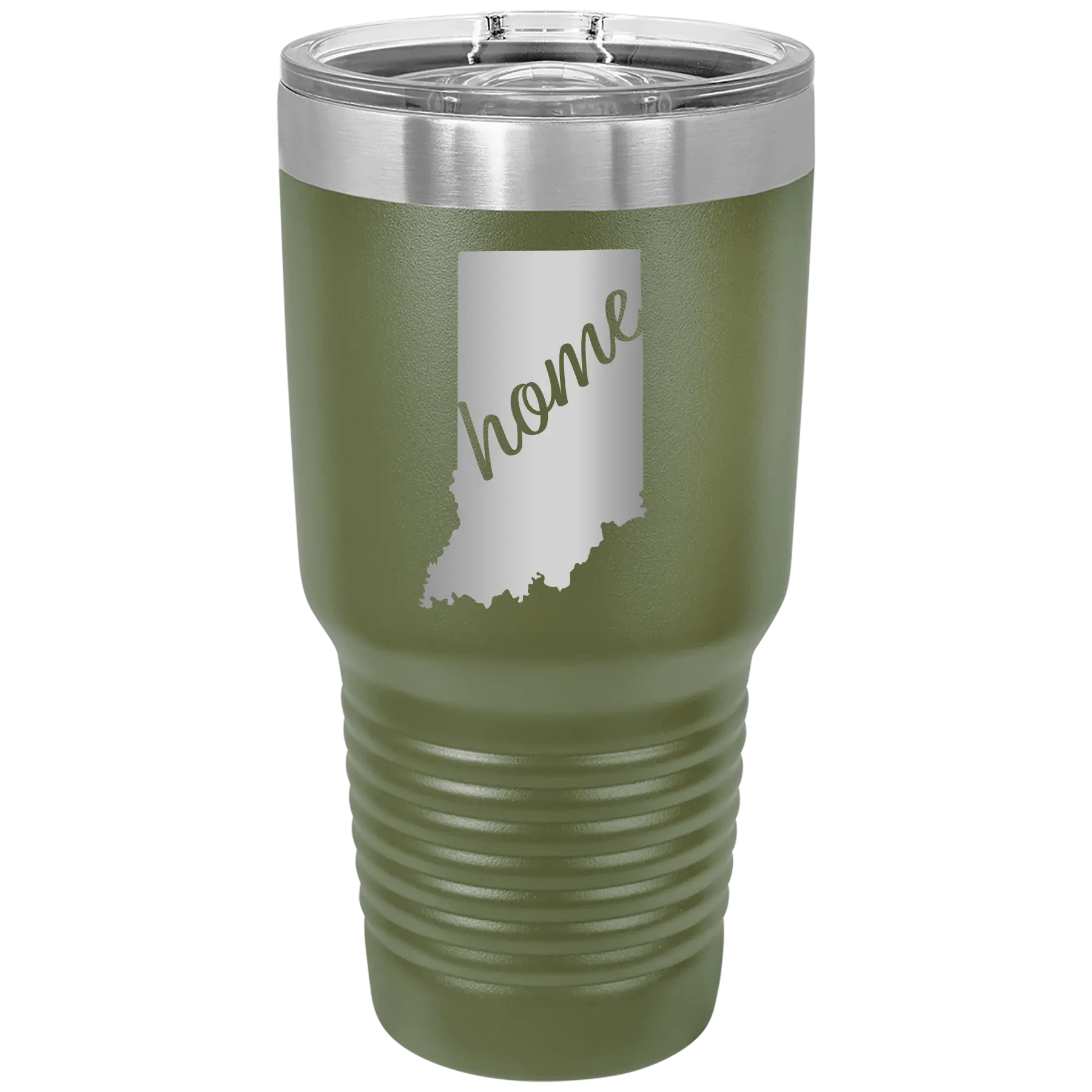 Laser etched olive green 30 oz vacuum insulated tumbler with 'Indiana Home' design