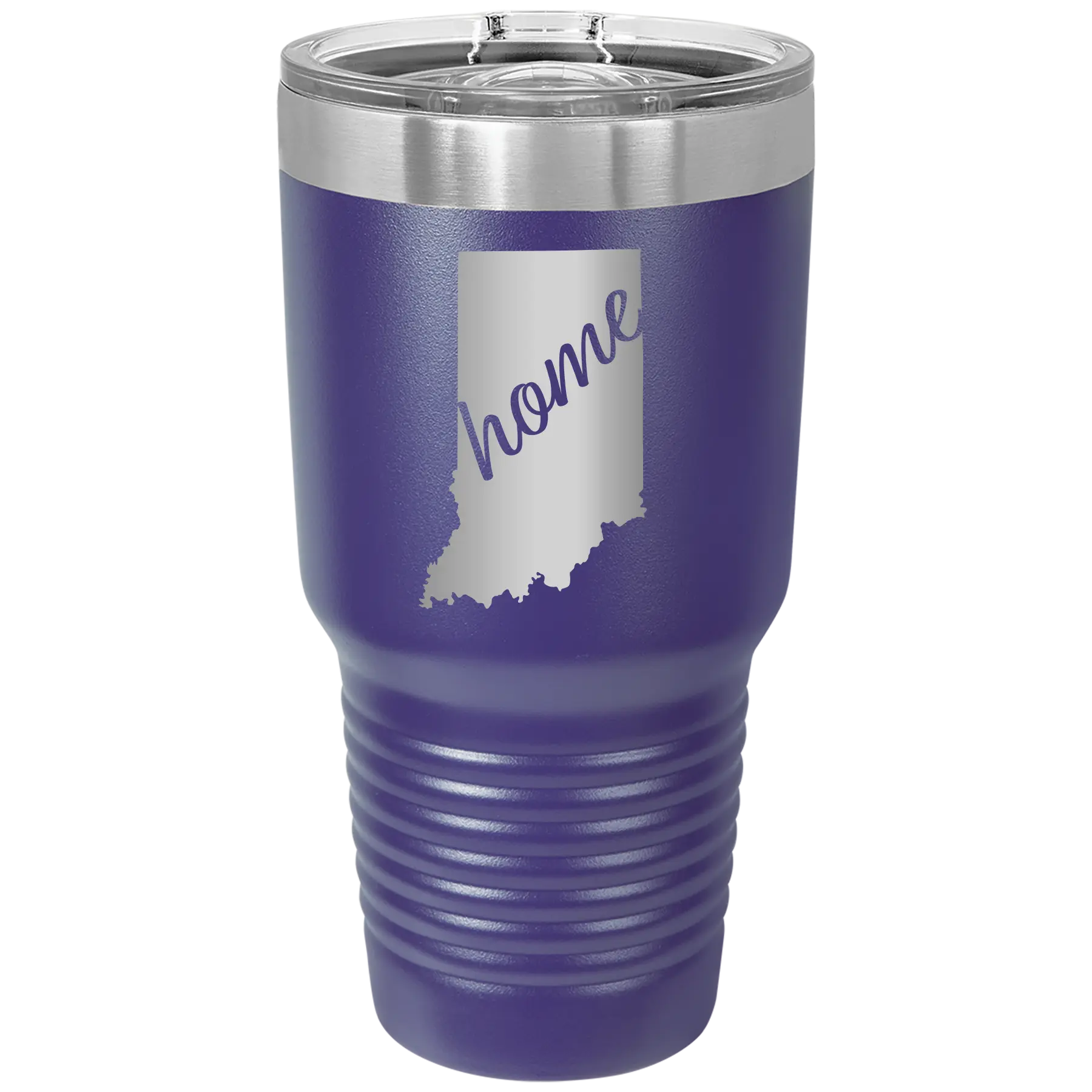 Laser etched purple 30 oz vacuum insulated tumbler with 'Indiana Home' design
