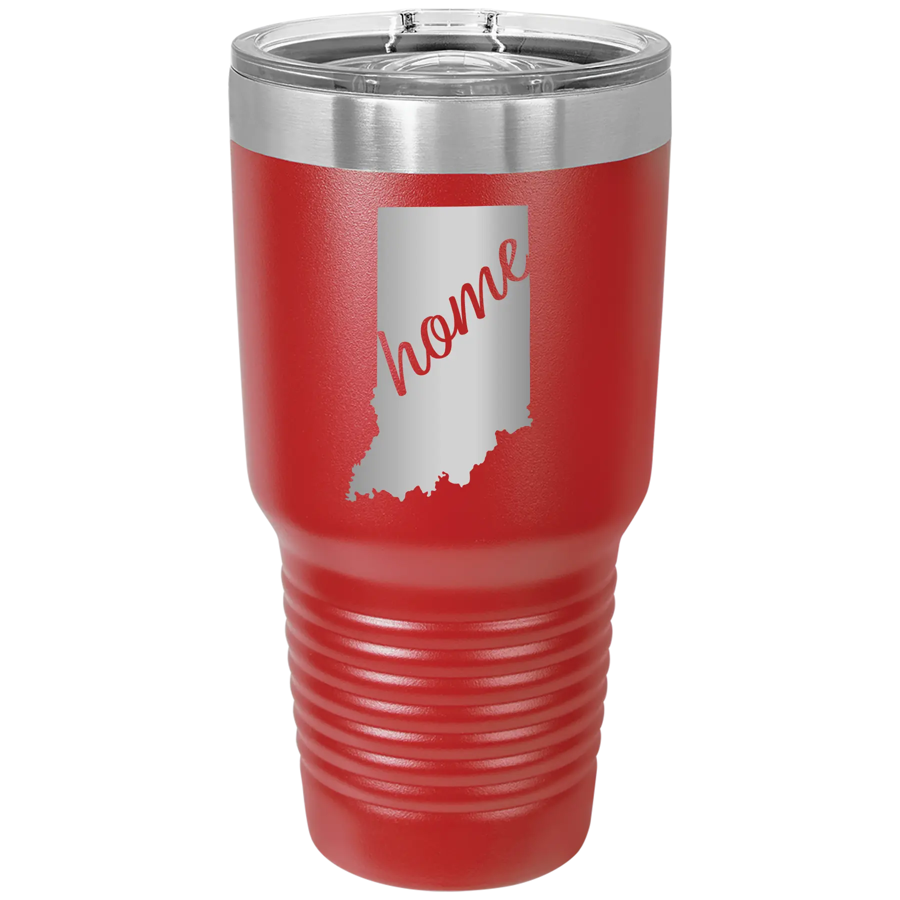 Laser etched red 30 oz vacuum insulated tumbler with 'Indiana Home' design