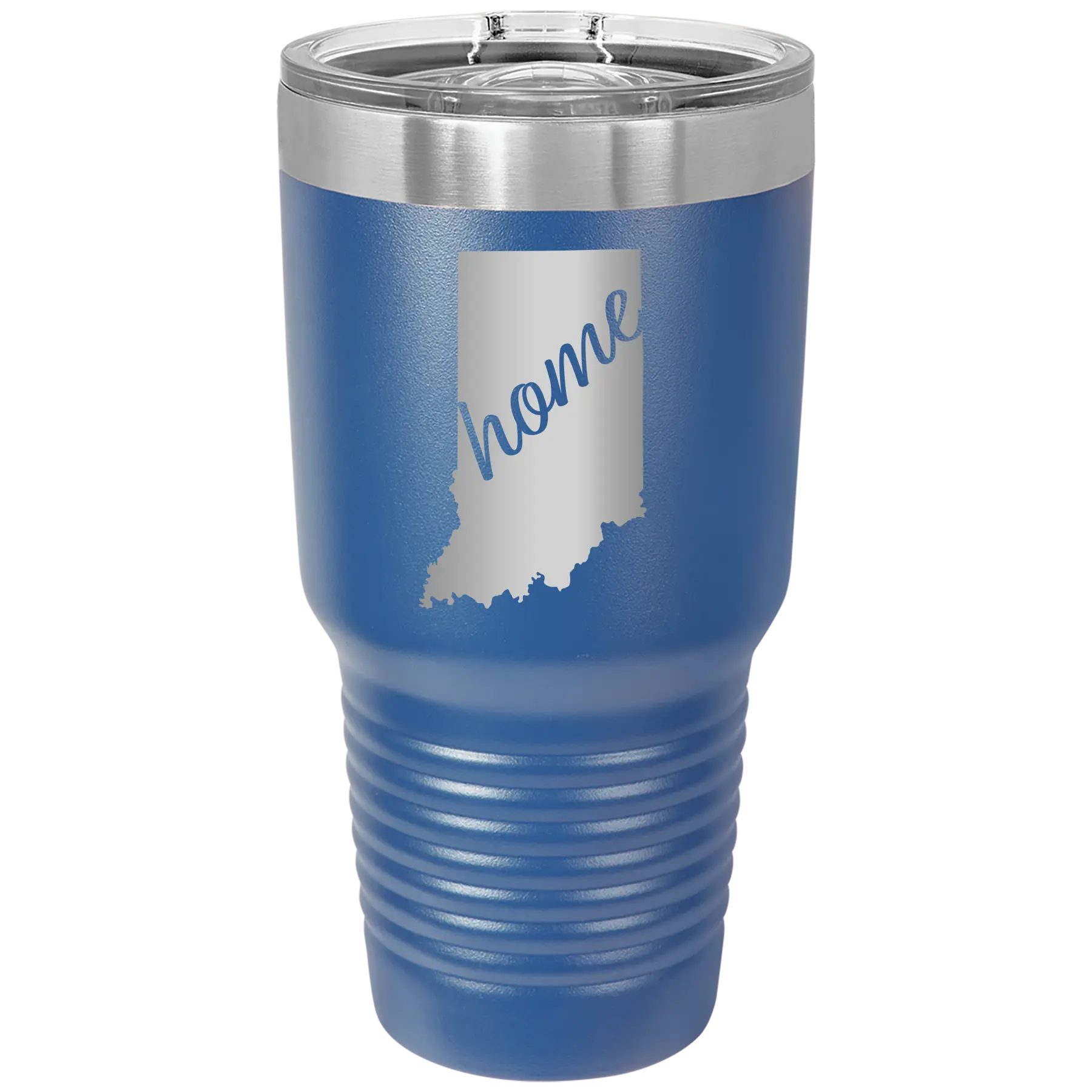 Laser etched royal blue 30 oz vacuum insulated tumbler with 'Indiana Home' design