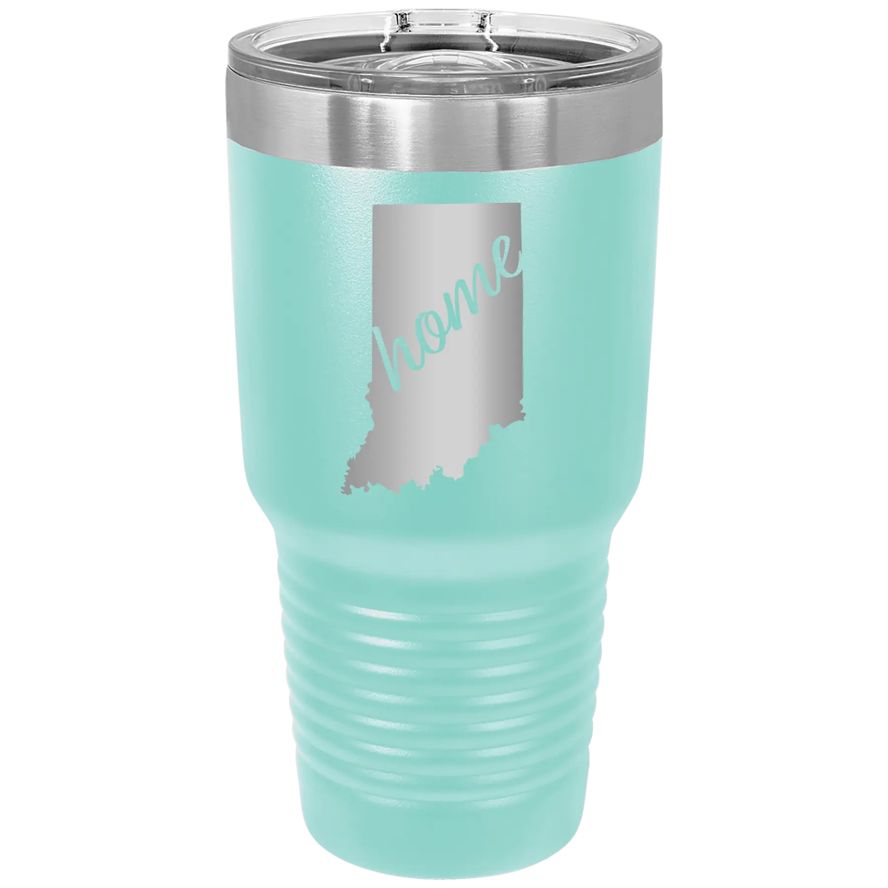 Laser etched teal 30 oz vacuum insulated tumbler with 'Indiana Home' design