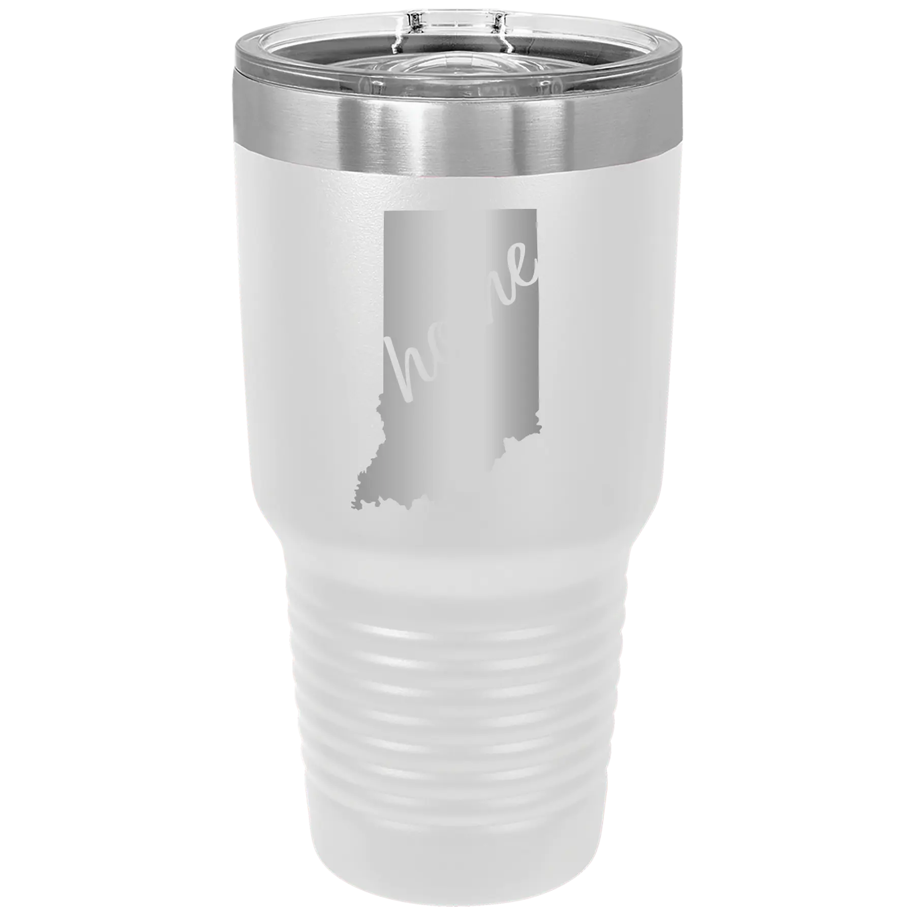 Laser etched white 30 oz vacuum insulated tumbler with 'Indiana Home' design