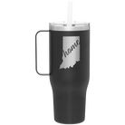 Laser etched black 40 oz vacuum insulated tumbler mug with 'Indiana Home' design