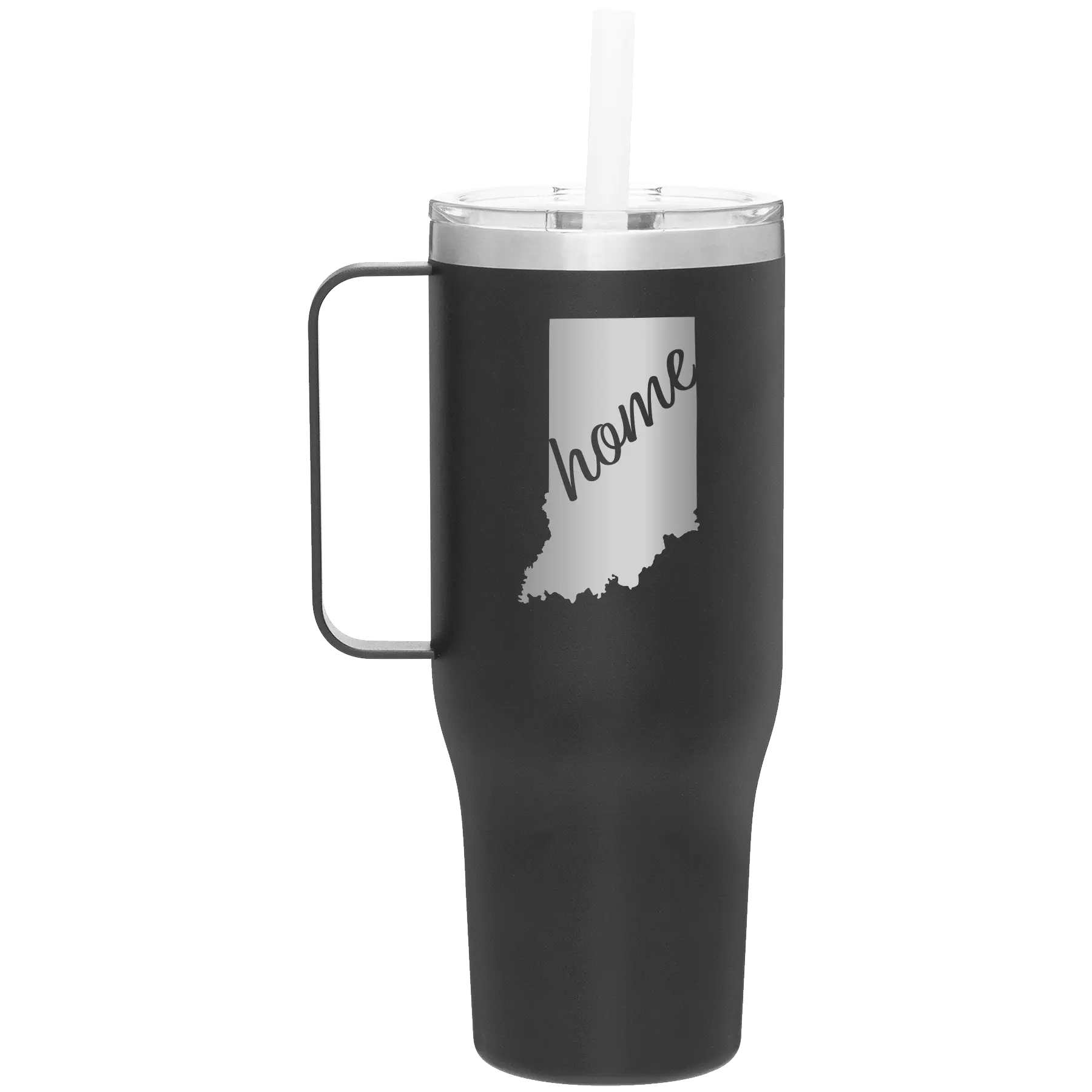 Laser etched black 40 oz vacuum insulated tumbler mug with 'Indiana Home' design