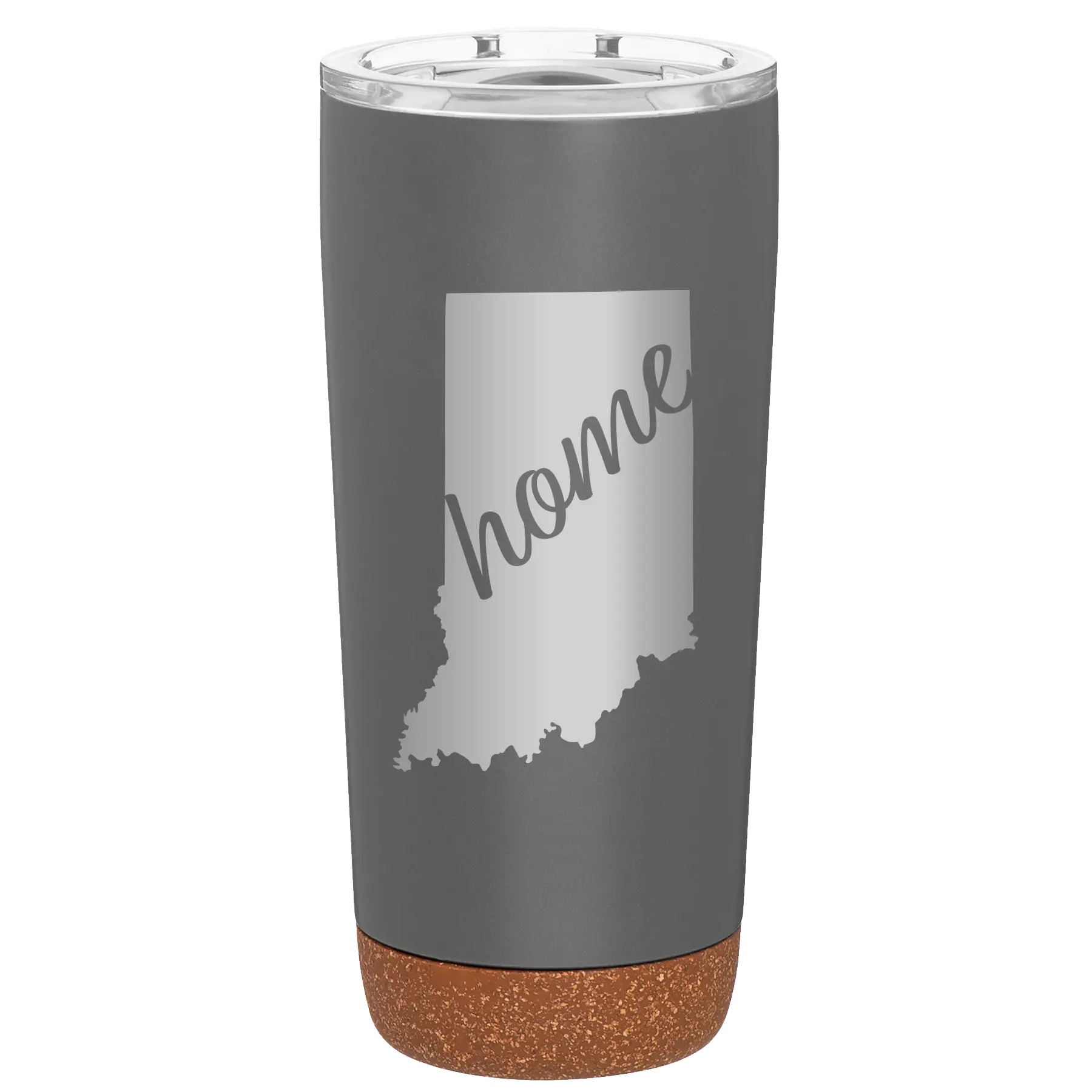 Laser etched storm gray 20 oz vacuum insulated tumbler with 'Indiana Home' design
