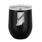 Laser etched black 12 oz vacuum insulated wine cup with 'Indiana Home' design