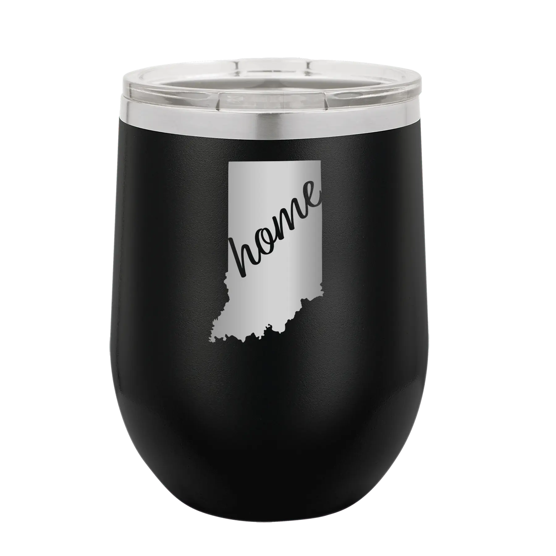Laser etched black 12 oz vacuum insulated wine cup with 'Indiana Home' design