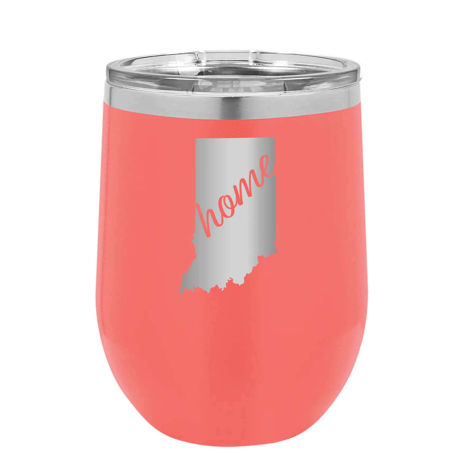 Laser etched coral 12 oz vacuum insulated wine cup with 'Indiana Home' design