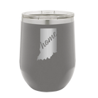 Laser etched dark gray 12 oz vacuum insulated wine cup with 'Indiana Home' design