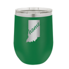 Laser etched green 12 oz vacuum insulated wine cup with 'Indiana Home' design