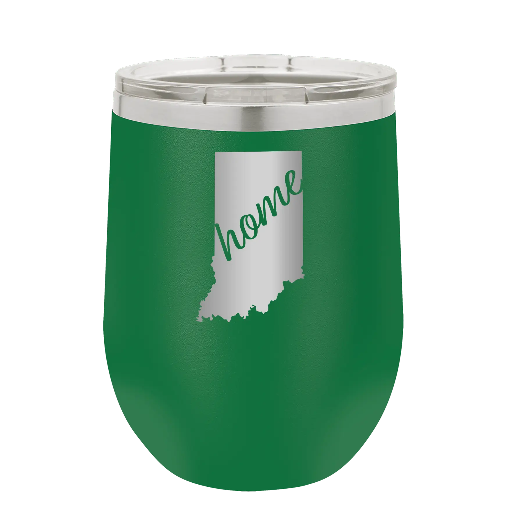Laser etched green 12 oz vacuum insulated wine cup with 'Indiana Home' design