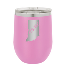 Laser etched light purple 12 oz vacuum insulated wine cup with 'Indiana Home' design