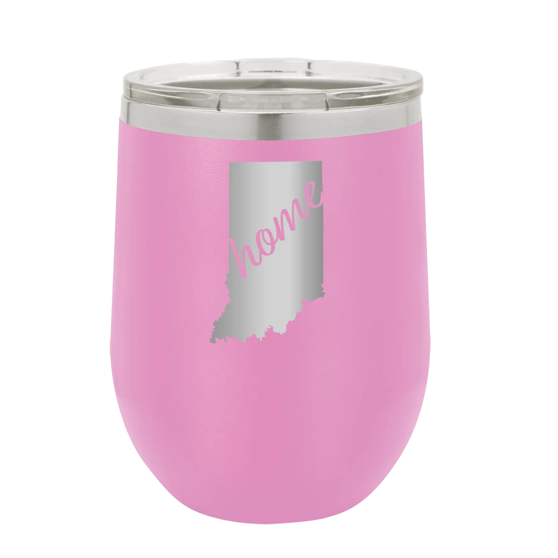 Laser etched light purple 12 oz vacuum insulated wine cup with 'Indiana Home' design