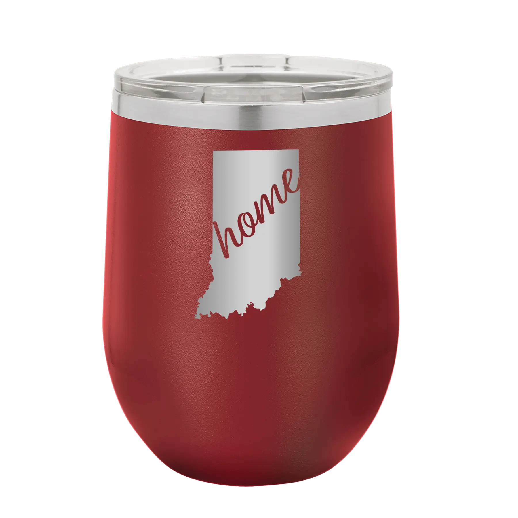 Laser etched maroon 12 oz vacuum insulated wine cup with 'Indiana Home' design