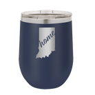 Laser etched navy 12 oz vacuum insulated wine cup with 'Indiana Home' design