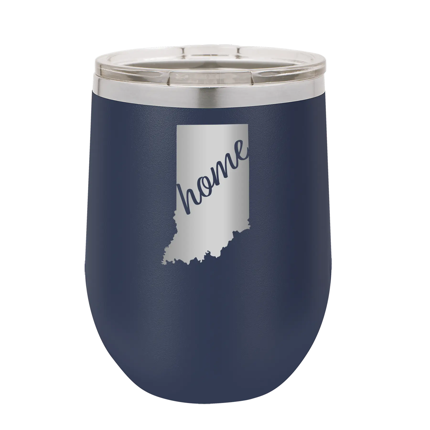 Laser etched navy 12 oz vacuum insulated wine cup with 'Indiana Home' design