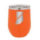 Laser etched orange 12 oz vacuum insulated wine cup with 'Indiana Home' design