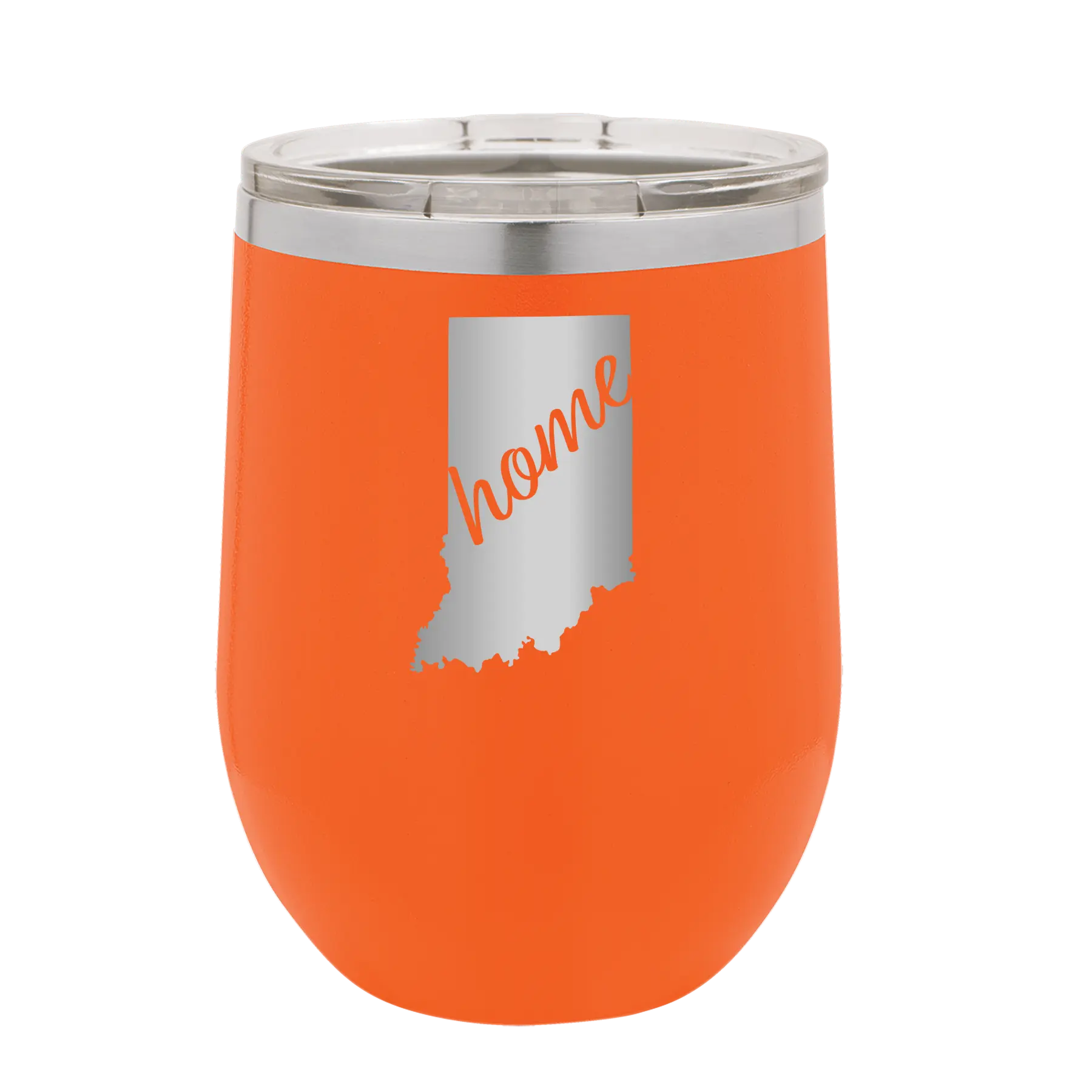 Laser etched orange 12 oz vacuum insulated wine cup with 'Indiana Home' design