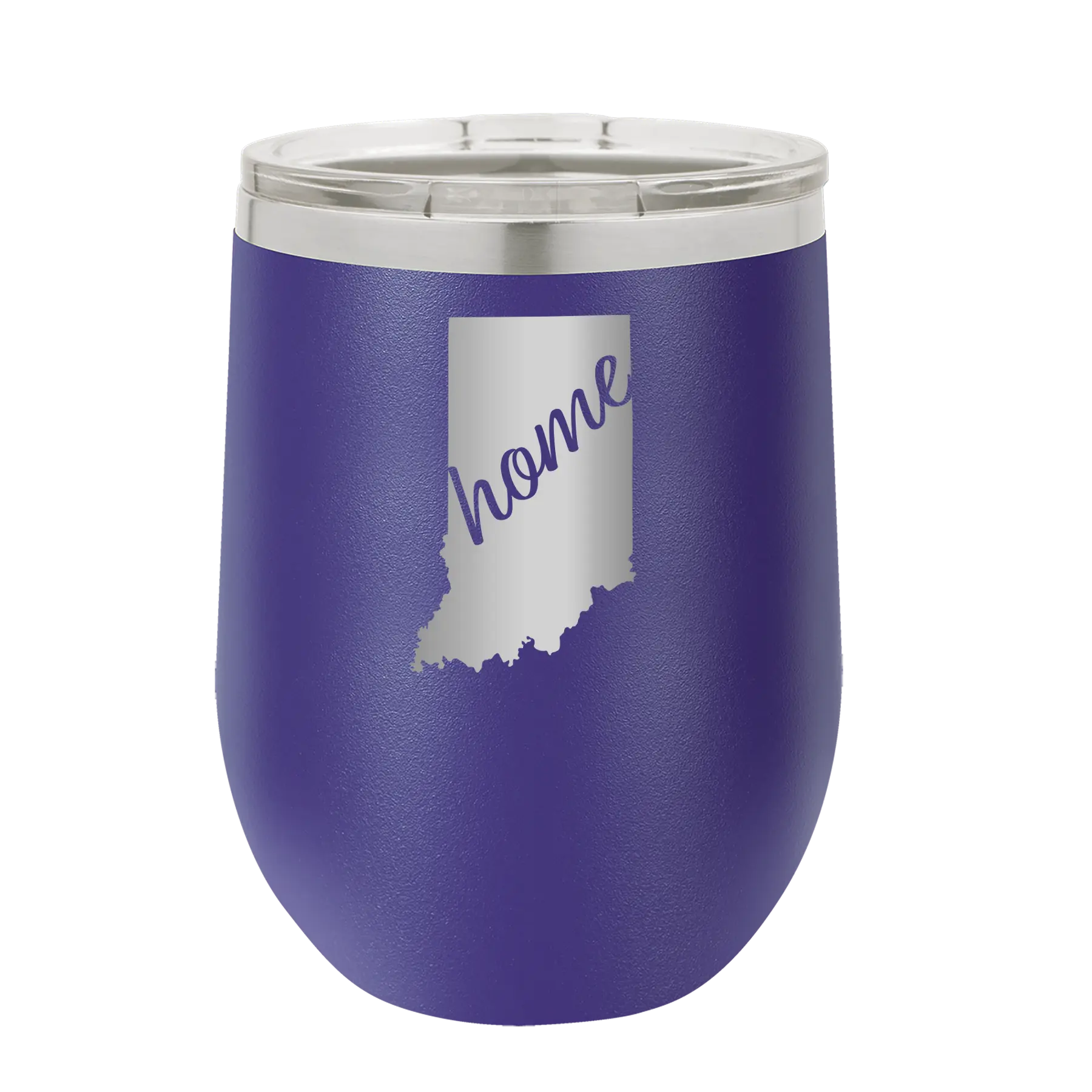 Laser etched purple 12 oz vacuum insulated wine cup with 'Indiana Home' design