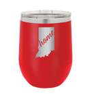 Laser etched red 12 oz vacuum insulated wine cup with 'Indiana Home' design