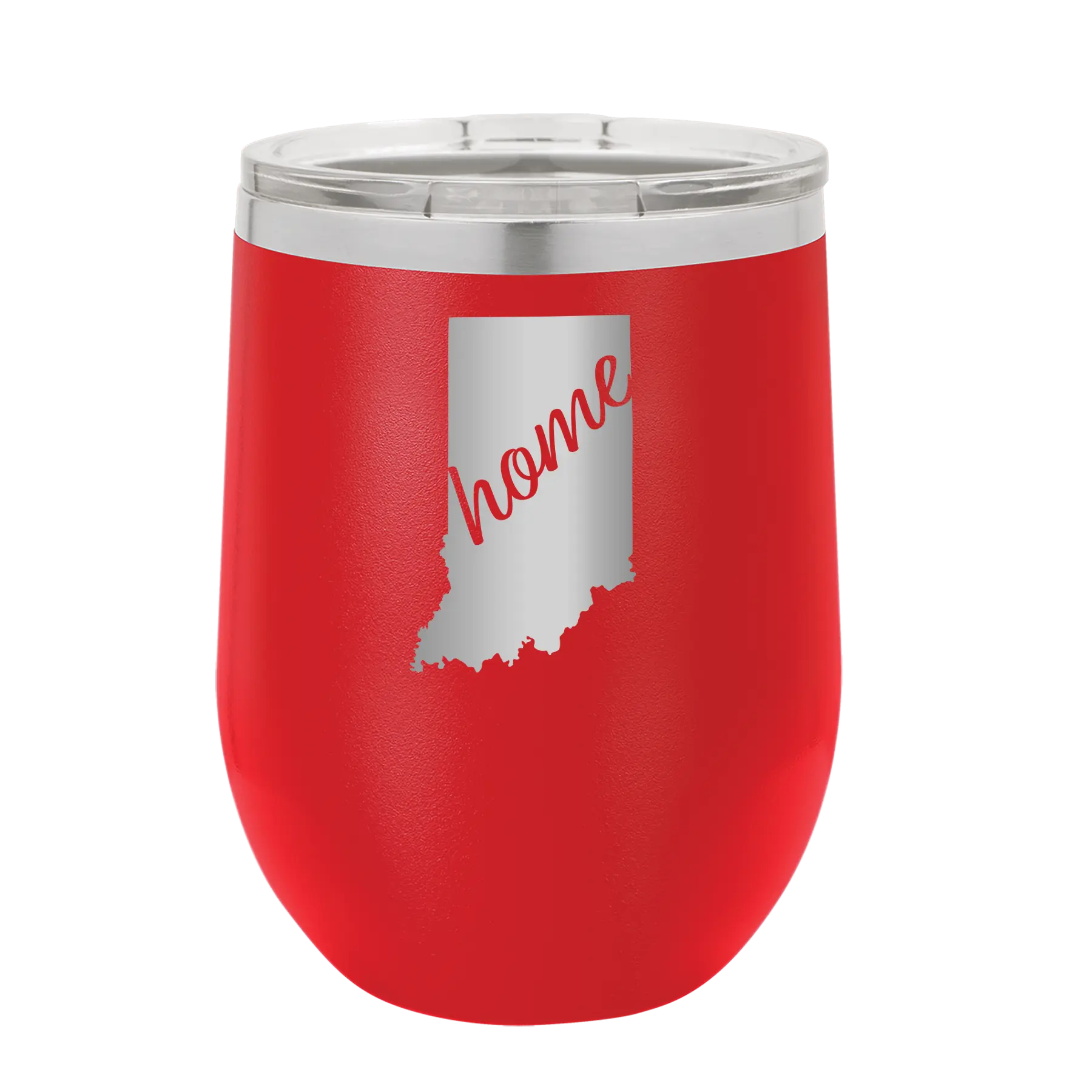 Laser etched red 12 oz vacuum insulated wine cup with 'Indiana Home' design