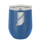 Laser etched royal blue 12 oz vacuum insulated wine cup with 'Indiana Home' design